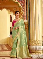 Monjolika Fashion Mint Green Dola Silk Wedding Saree with Golden Zari Weaving