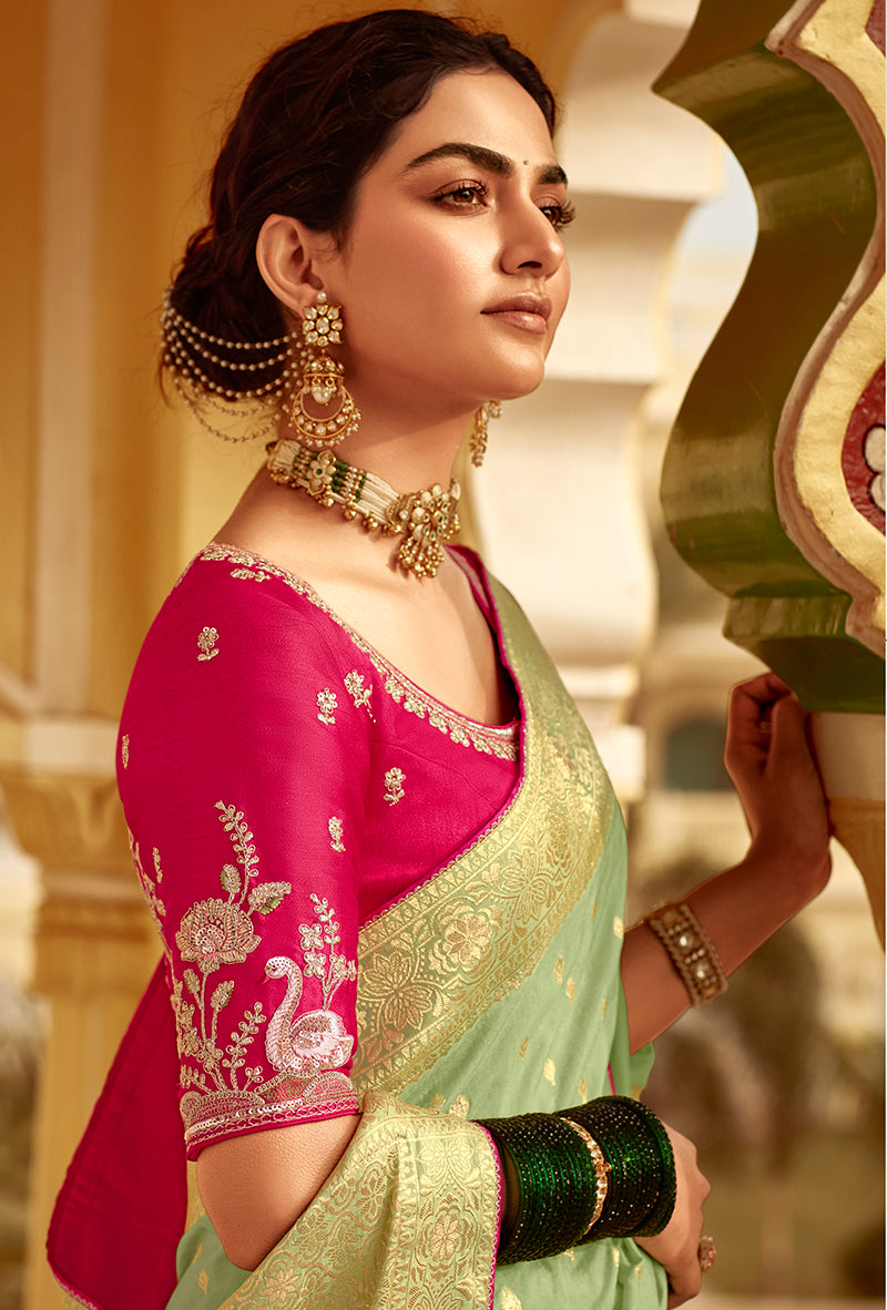 Monjolika Fashion Mint Green Dola Silk Wedding Saree with Golden Zari Weaving