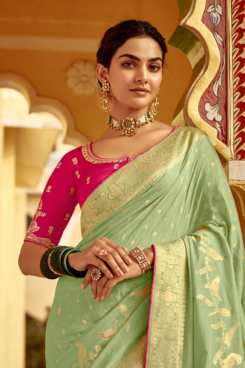 Monjolika Fashion Mint Green Dola Silk Wedding Saree with Golden Zari Weaving