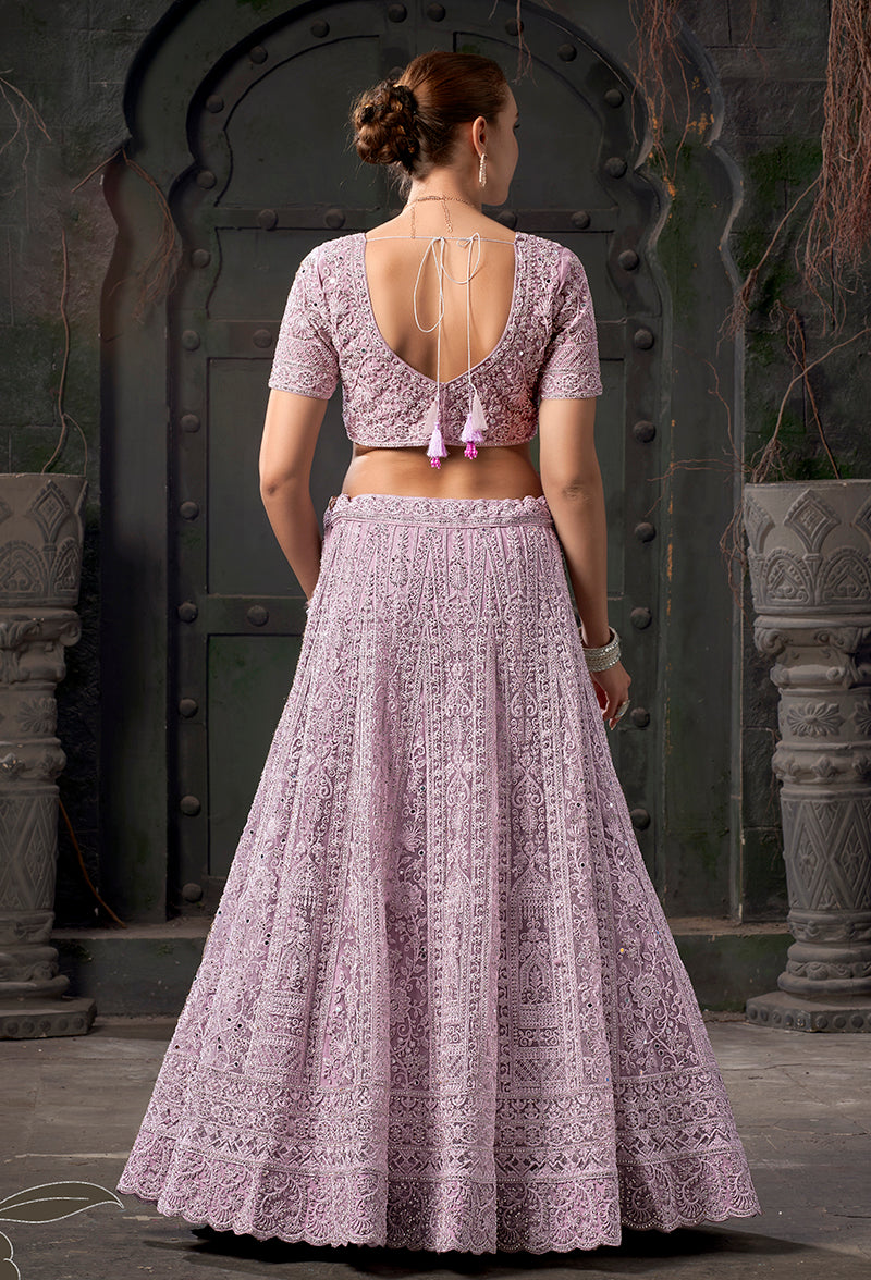 Monjolika Fashion Lavender Net Lehenga Choli In Thread Embroidered