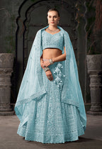 Monjolika Fashion Sky blue Net Lehenga Choli In Thread Embroidered