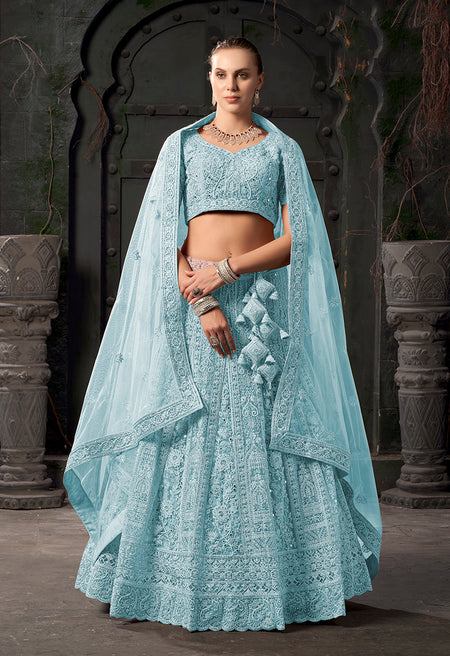 Monjolika Fashion Sky blue Net Lehenga Choli In Thread Embroidered