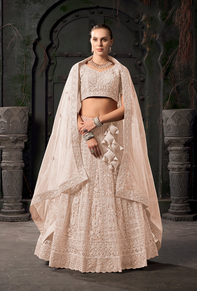 Monjolika Fashion Cream Net Lehenga Choli In Thread Embroidered
