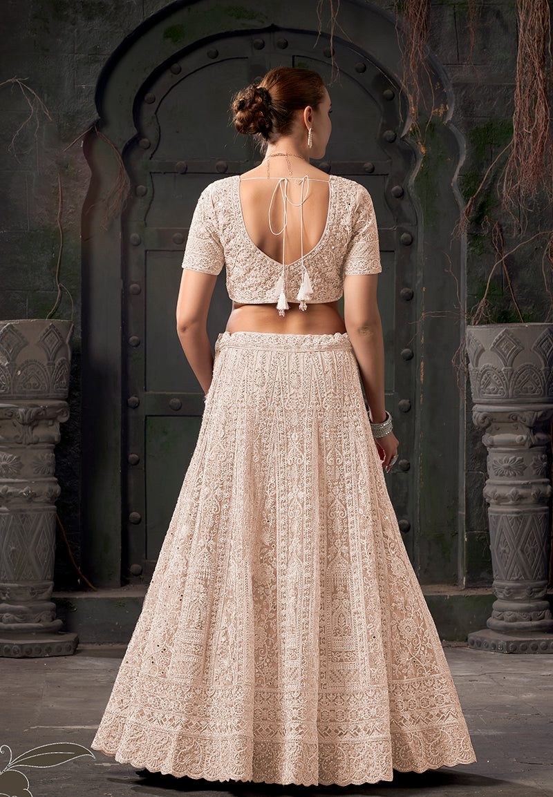 Monjolika Fashion Cream Net Lehenga Choli In Thread Embroidered