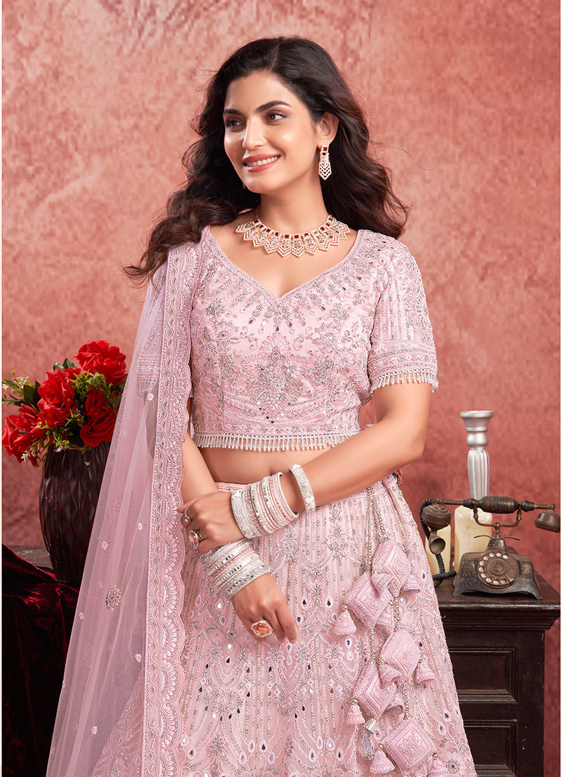 Monjolika Fashion Baby pink Net Lehenga Choli In Thread Embroidered