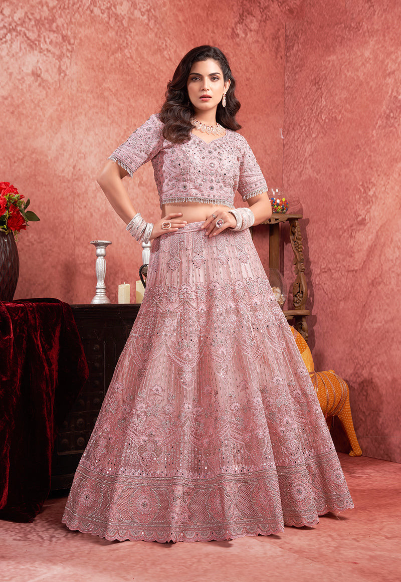 Monjolika Fashion Pink Net Lehenga Choli In Thread Embroidered
