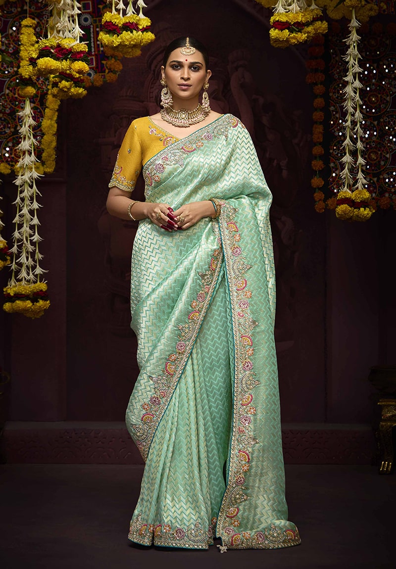 Monjolika Fashion Aqua Blue Kanjivaram Silk Sangeet Classic Saree - Distacart