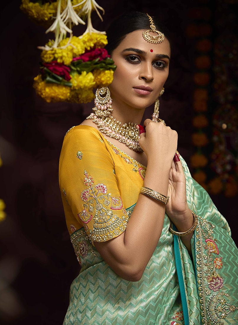 Monjolika Fashion Aqua Blue Kanjivaram Silk Sangeet Classic Saree - Distacart