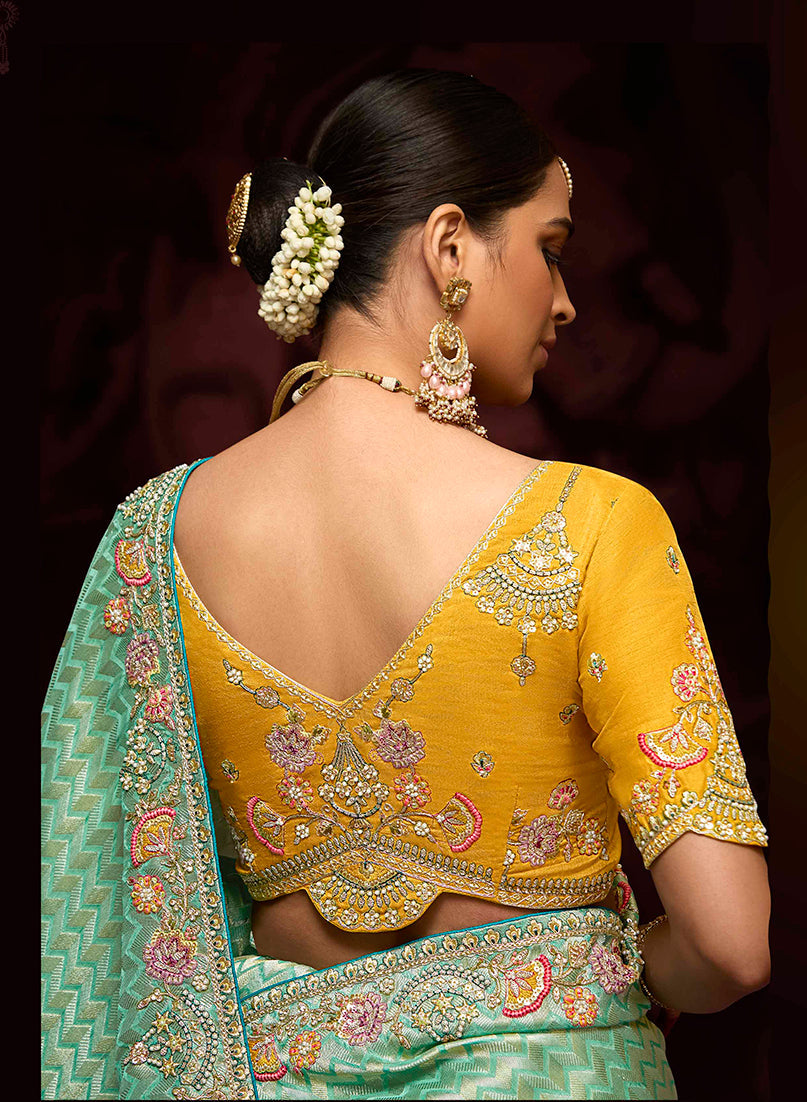 Monjolika Fashion Aqua Blue Kanjivaram Silk Sangeet Classic Saree - Distacart