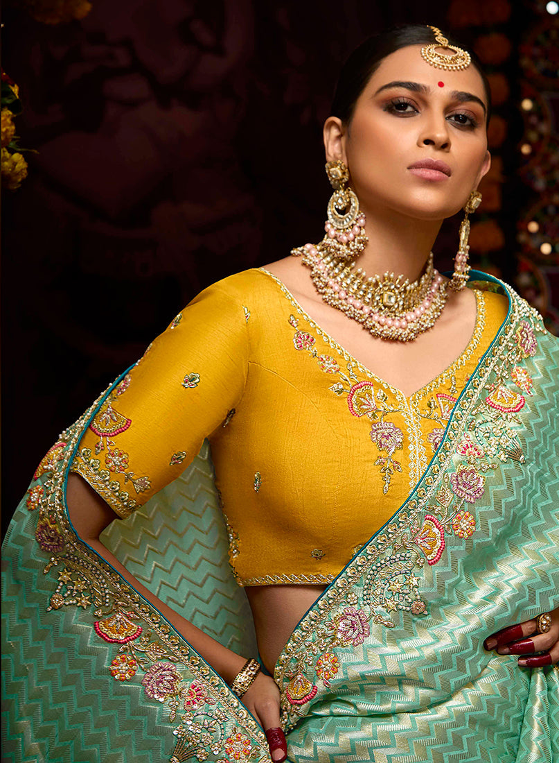 Monjolika Fashion Aqua Blue Kanjivaram Silk Sangeet Classic Saree - Distacart