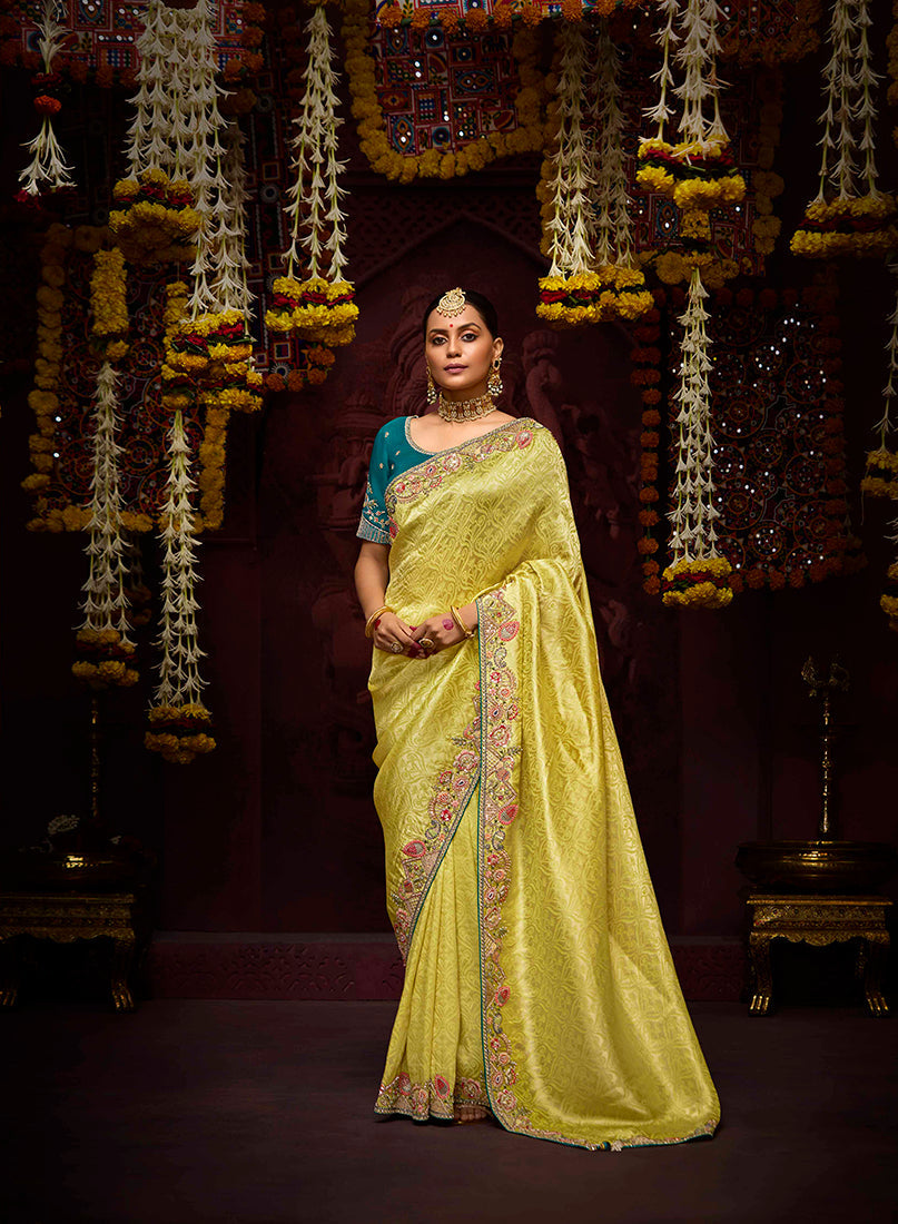 Monjolika Fashion Embroidered Yellow Kanjivaram Silk Trendy Saree - Distacart
