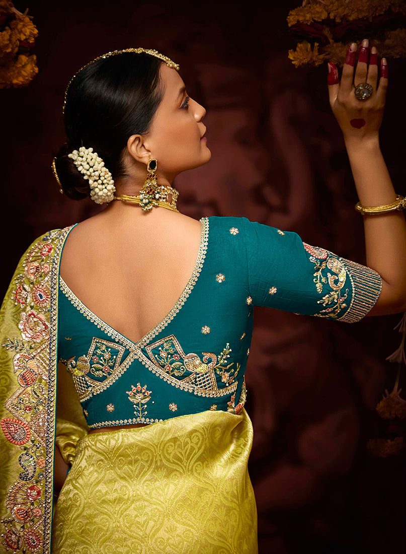 Monjolika Fashion Embroidered Yellow Kanjivaram Silk Trendy Saree - Distacart