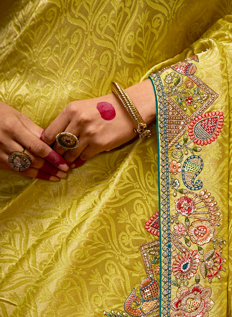 Monjolika Fashion Embroidered Yellow Kanjivaram Silk Trendy Saree - Distacart