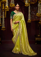 Monjolika Fashion Embroidered Stones Thread Green Classic Saree - Distacart