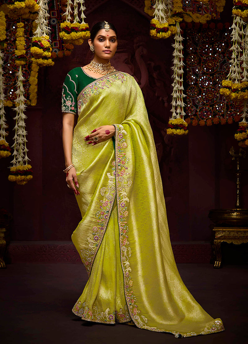 Monjolika Fashion Embroidered Stones Thread Green Classic Saree - Distacart