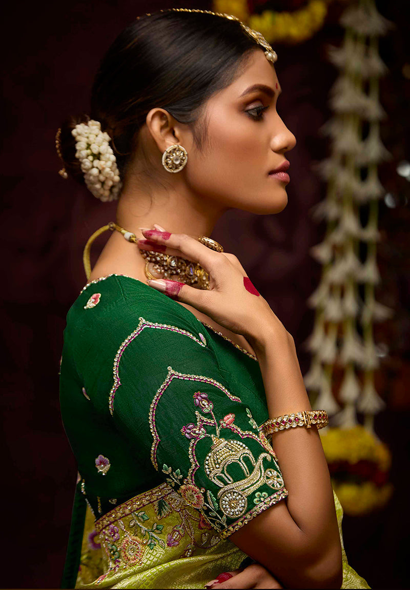 Monjolika Fashion Embroidered Stones Thread Green Classic Saree - Distacart