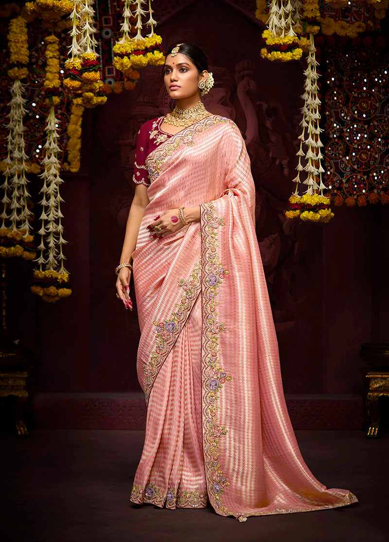 Monjolika Fashion Kanjivaram Silk Weaving Rose Pink Contemporary Saree - Distacart