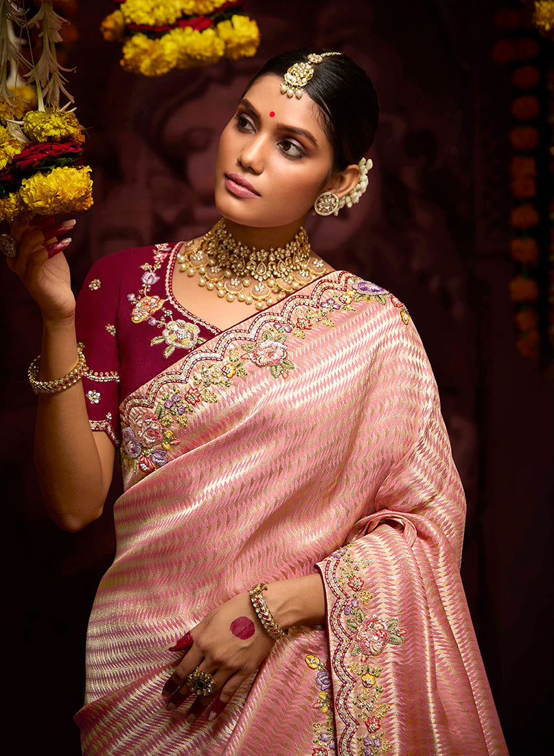 Monjolika Fashion Kanjivaram Silk Weaving Rose Pink Contemporary Saree - Distacart