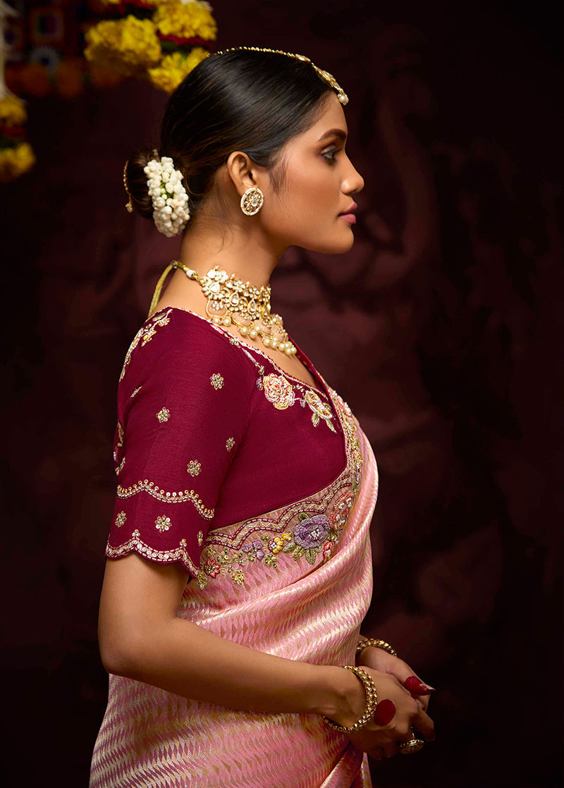 Monjolika Fashion Kanjivaram Silk Weaving Rose Pink Contemporary Saree - Distacart