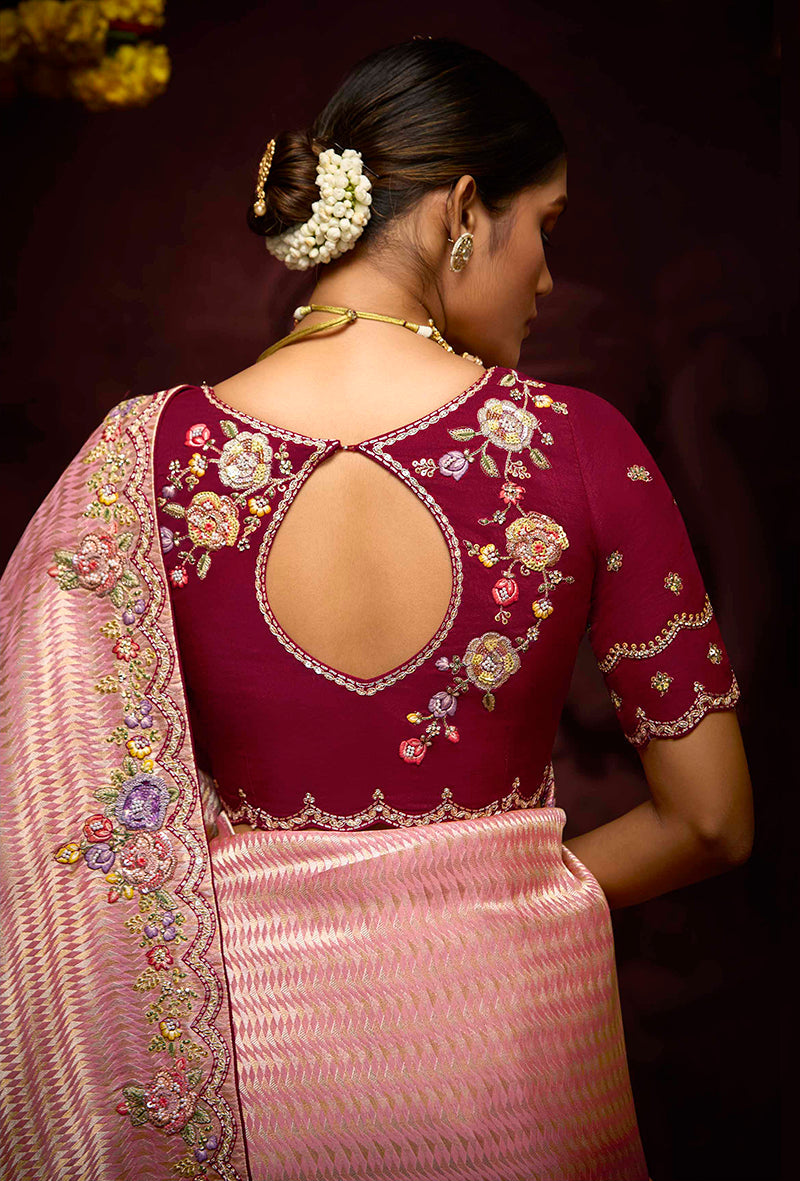 Monjolika Fashion Kanjivaram Silk Weaving Rose Pink Contemporary Saree - Distacart