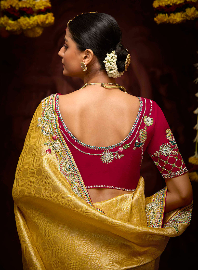 Monjolika Fashion Kanjivaram Silk Weaving Contemporary Saree in Mustard