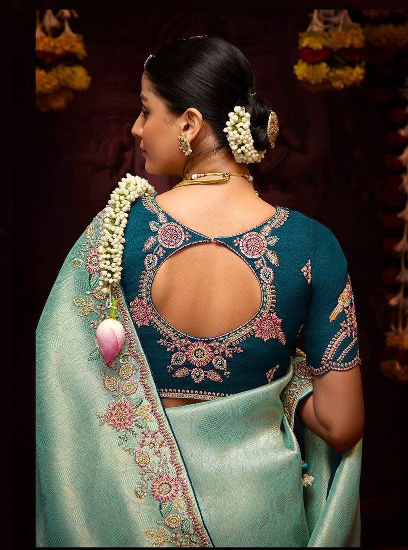 Monjolika Fashion Embroidered Kanjivaram Silk Aqua Blue Trendy Saree