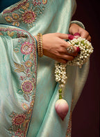 Monjolika Fashion Embroidered Kanjivaram Silk Aqua Blue Trendy Saree