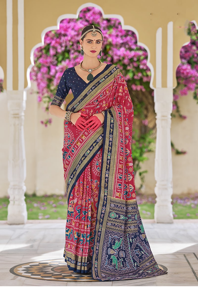 Monjolika Fashion Silk Foil Print Classic Saree In Hot Pink - Distacart