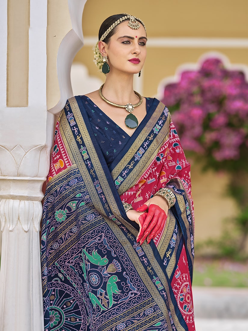 Monjolika Fashion Silk Foil Print Classic Saree In Hot Pink - Distacart