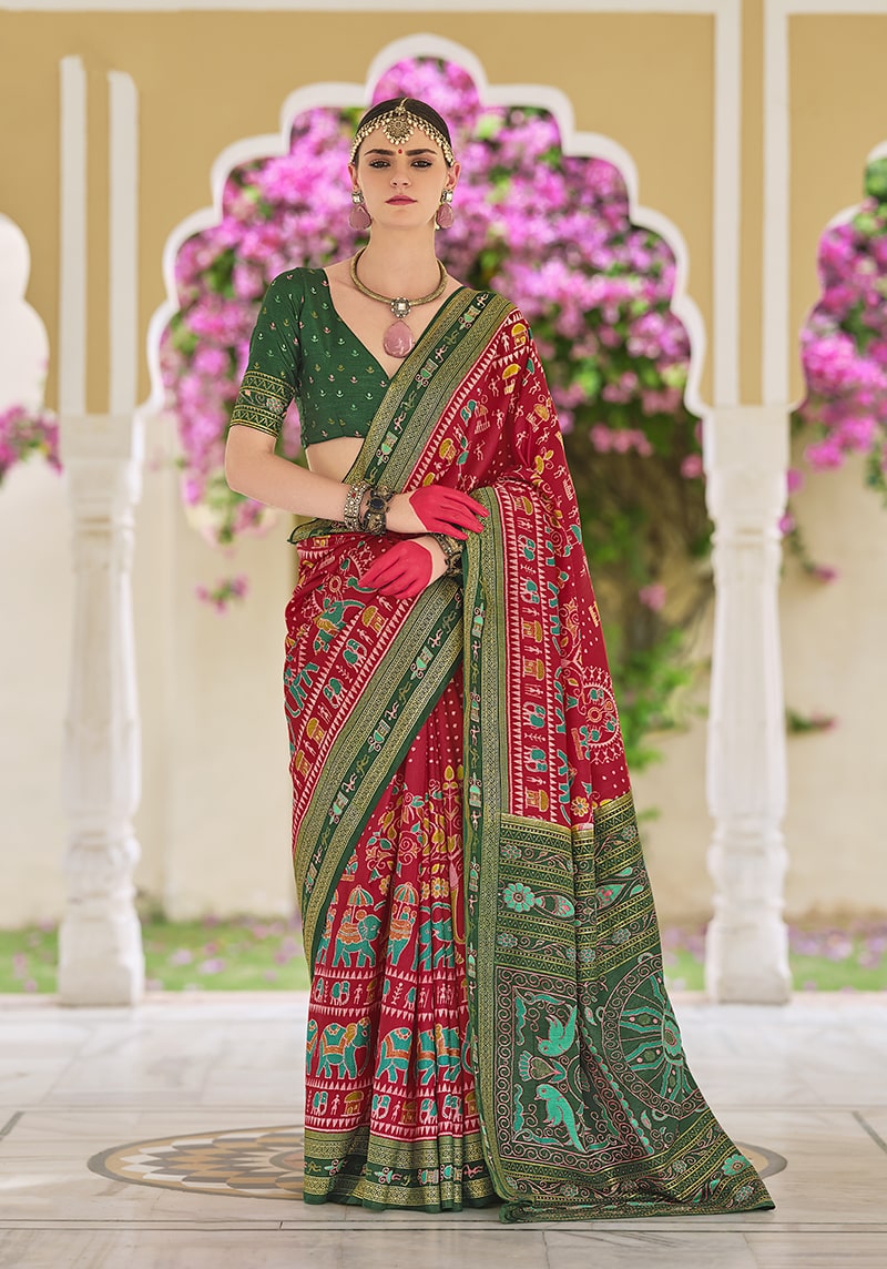 Monjolika Fashion Silk Foil Print Classic Saree In Red - Distacart
