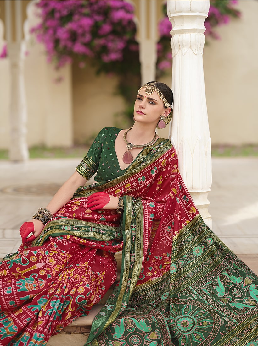 Monjolika Fashion Silk Foil Print Classic Saree In Red - Distacart
