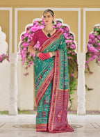 Monjolika Fashion Silk Foil Print Classic Saree In Turquoise - Distacart