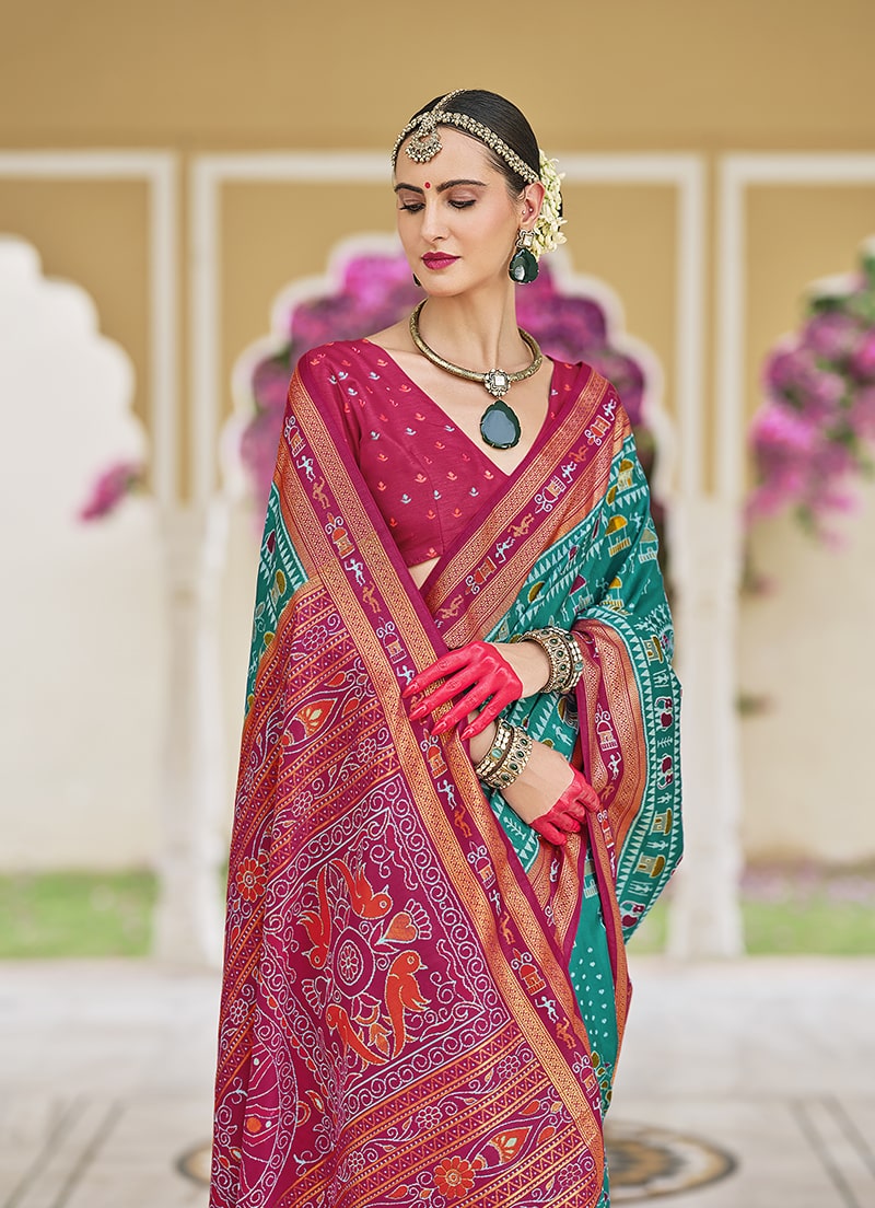 Monjolika Fashion Silk Foil Print Classic Saree In Turquoise - Distacart