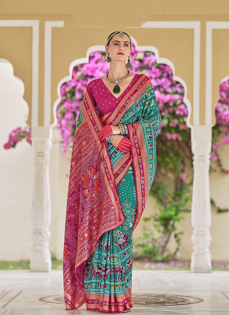 Monjolika Fashion Silk Foil Print Classic Saree In Turquoise - Distacart