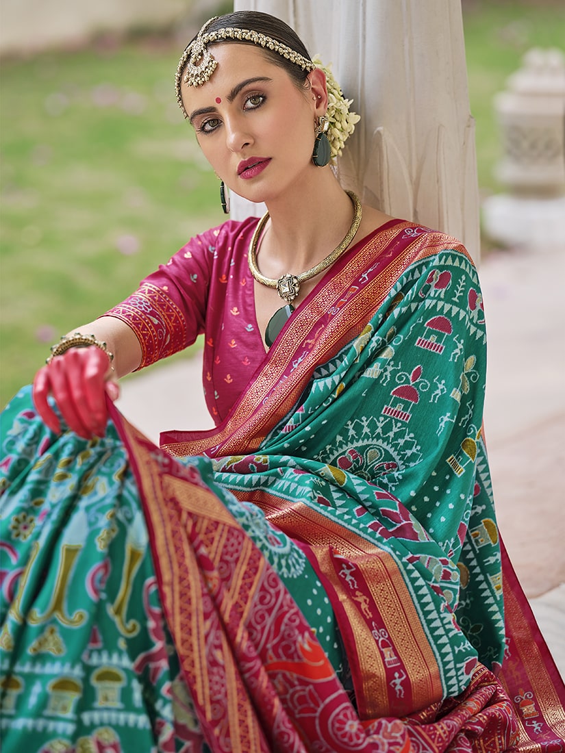 Monjolika Fashion Silk Foil Print Classic Saree In Turquoise - Distacart