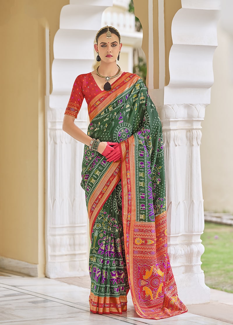 Monjolika Fashion Silk Foil Print Classic Saree In Green - Distacart