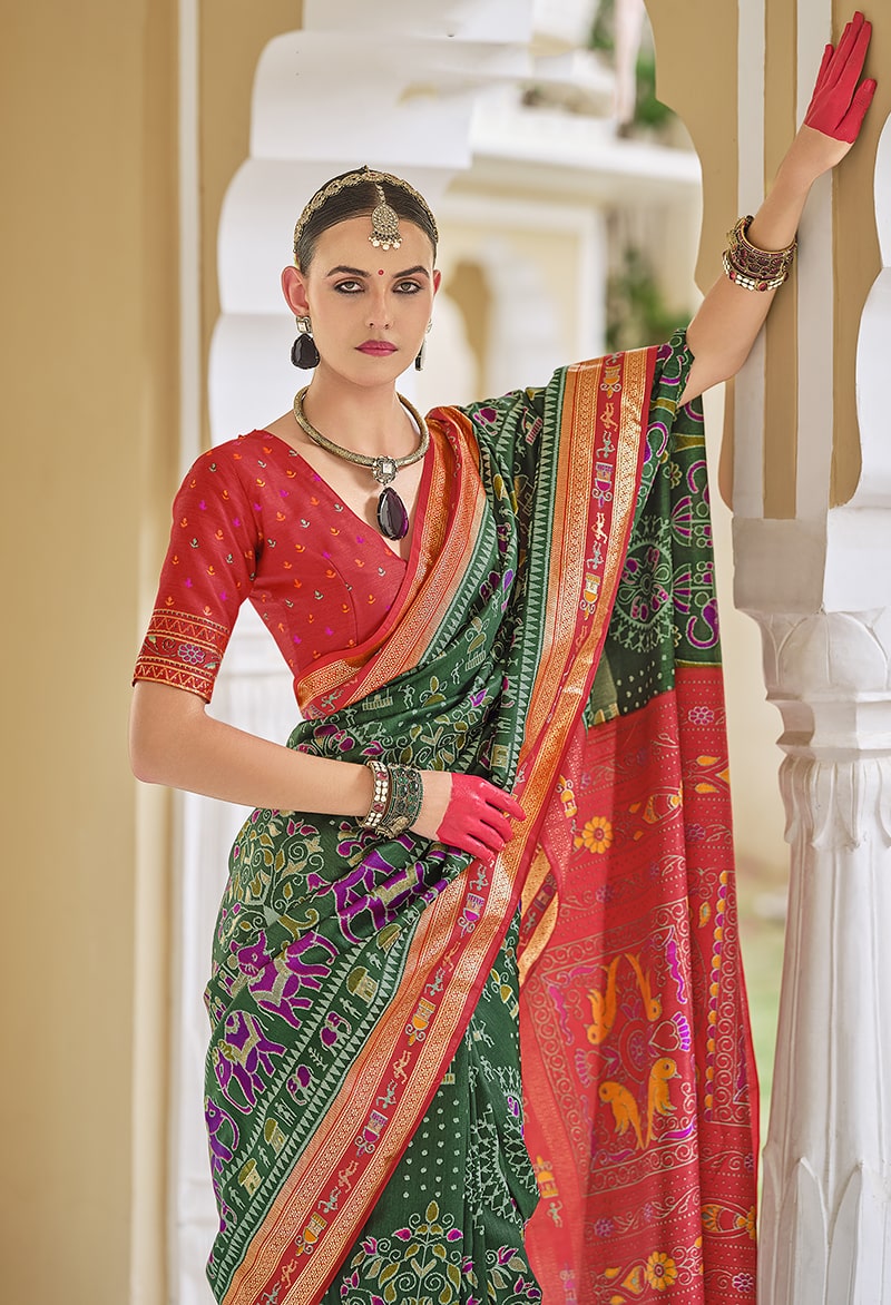 Monjolika Fashion Silk Foil Print Classic Saree In Green - Distacart