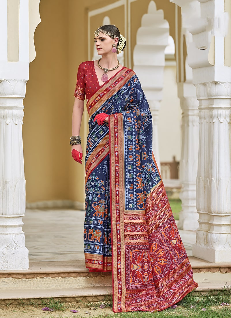 Monjolika Fashion Silk Foil Print Classic Saree In Navy Blue - Distacart