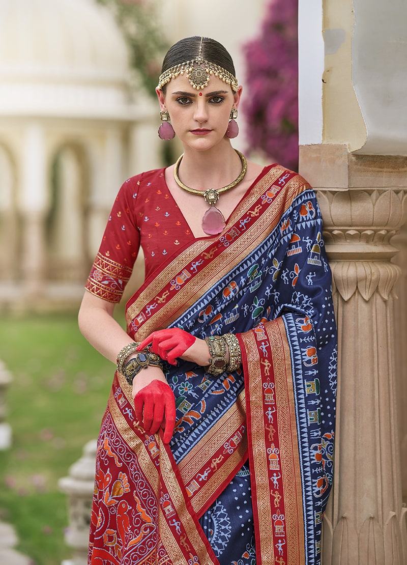 Monjolika Fashion Silk Foil Print Classic Saree In Navy Blue - Distacart