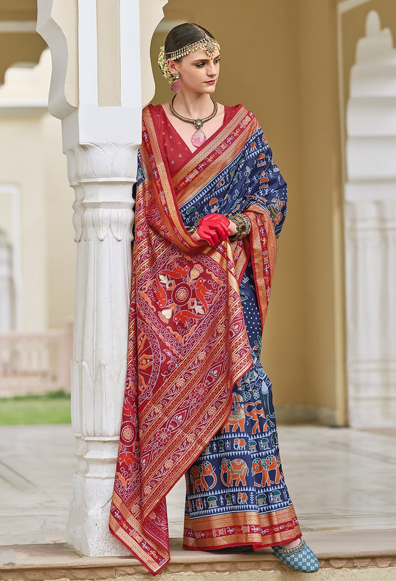 Monjolika Fashion Silk Foil Print Classic Saree In Navy Blue - Distacart