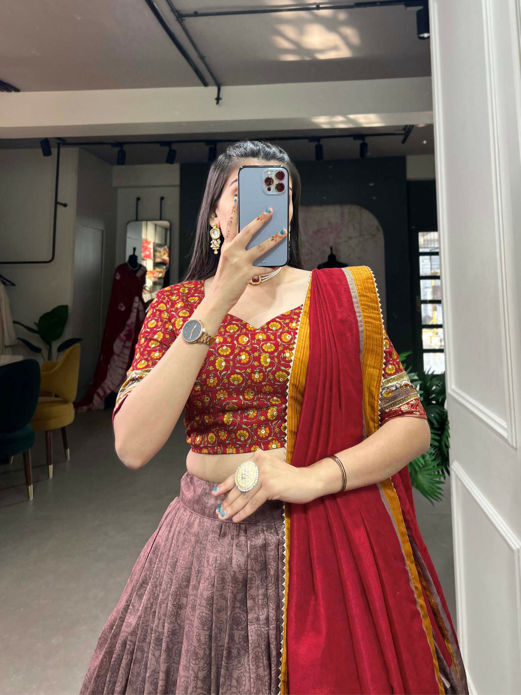 Vastranavya Kashmiri Print With Foil Print Lehenga with Unstitched Printed Blouse - Onion