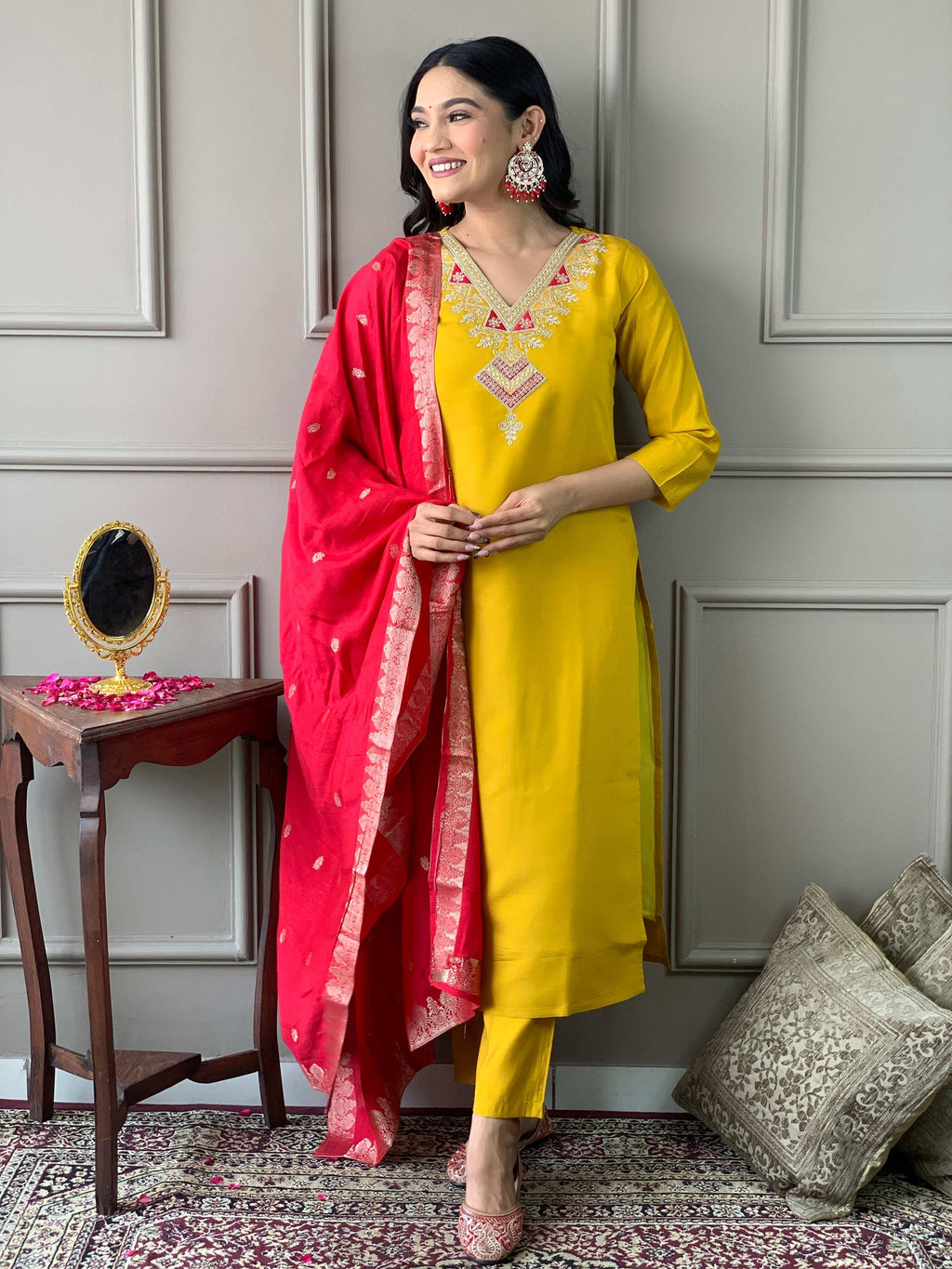 The52 Mustard Embroidered Chanderi Fabric Straight Kurta, Pant and Dupatta Set - Distacart