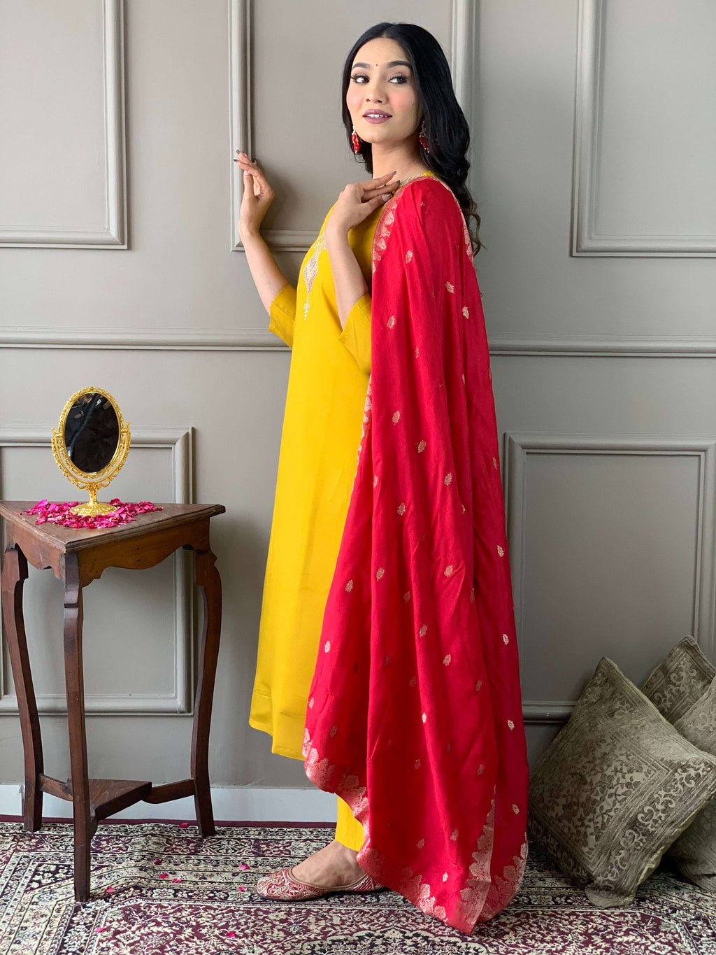 The52 Mustard Embroidered Chanderi Fabric Straight Kurta, Pant and Dupatta Set - Distacart