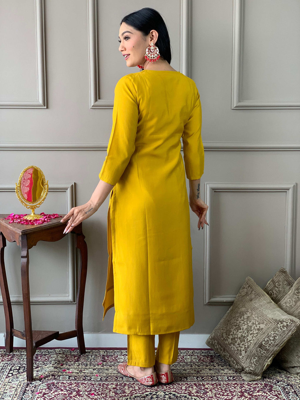 The52 Mustard Embroidered Chanderi Fabric Straight Kurta, Pant and Dupatta Set - Distacart