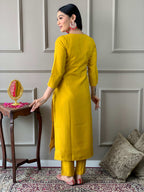 The52 Mustard Embroidered Chanderi Fabric Straight Kurta, Pant and Dupatta Set - Distacart
