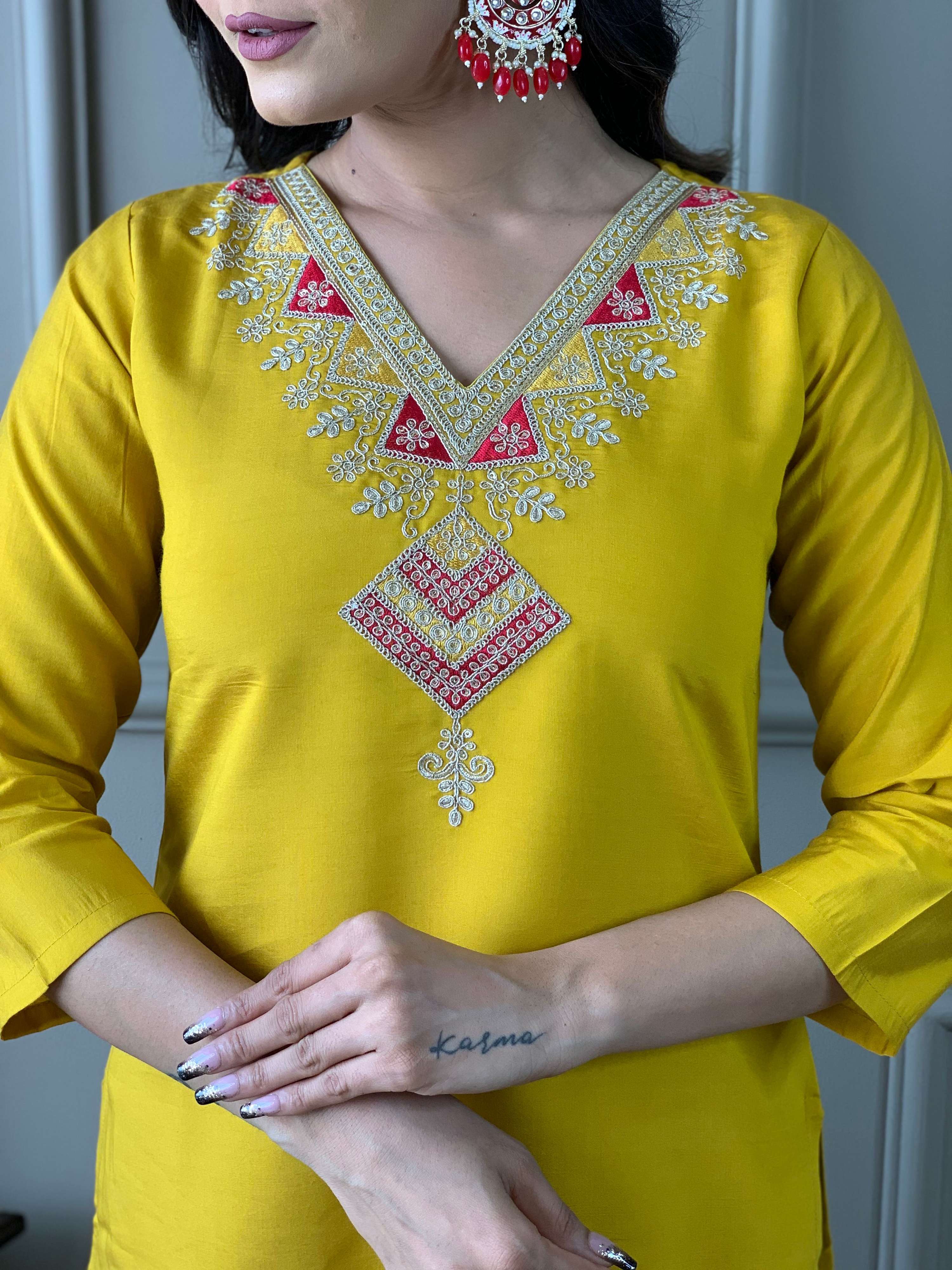 The52 Mustard Embroidered Chanderi Fabric Straight Kurta, Pant and Dupatta Set - Distacart