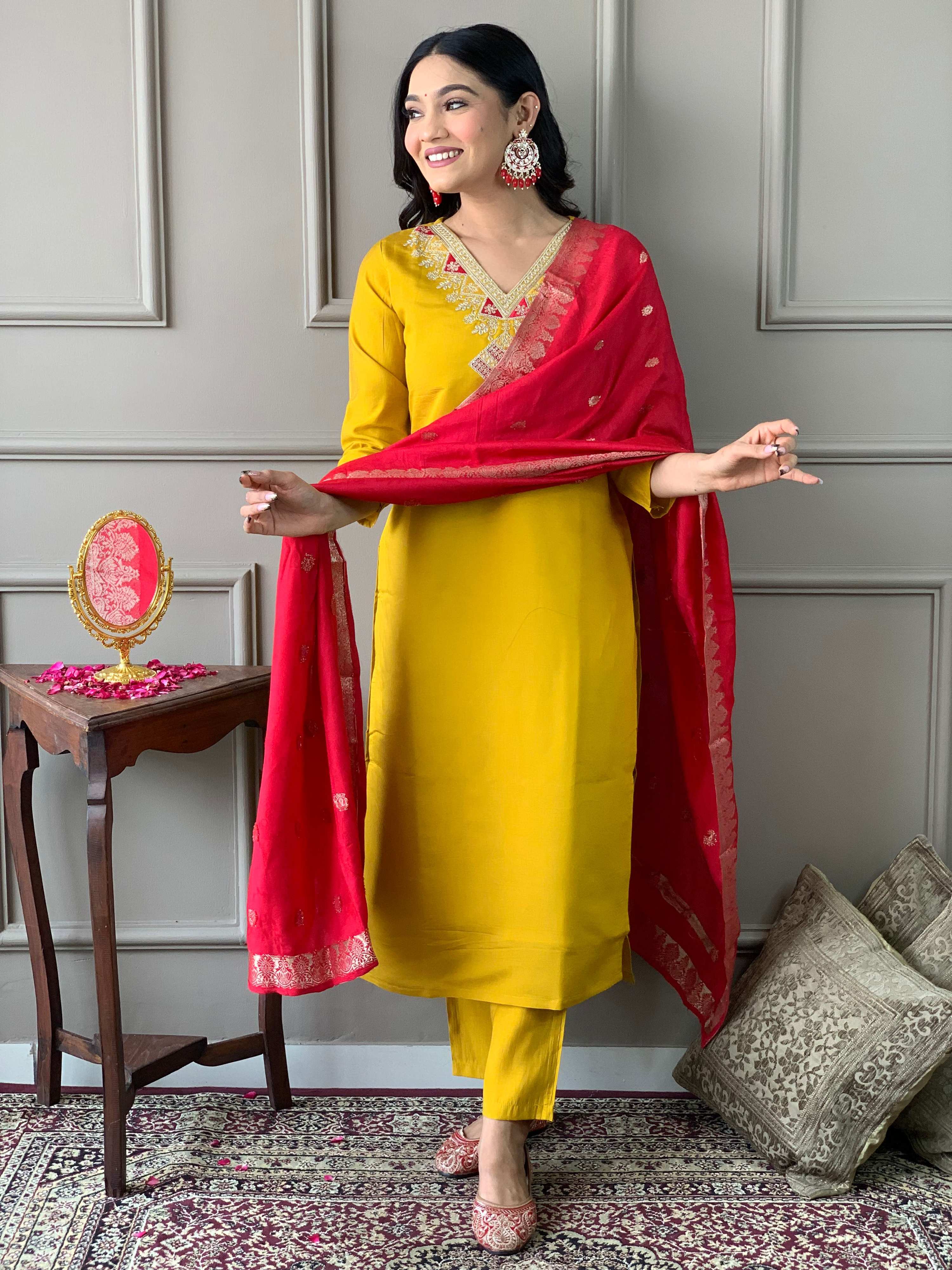 The52 Mustard Embroidered Chanderi Fabric Straight Kurta, Pant and Dupatta Set - Distacart