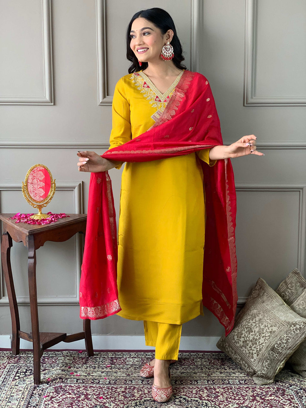 The52 Mustard Embroidered Chanderi Fabric Straight Kurta, Pant and Dupatta Set - Distacart