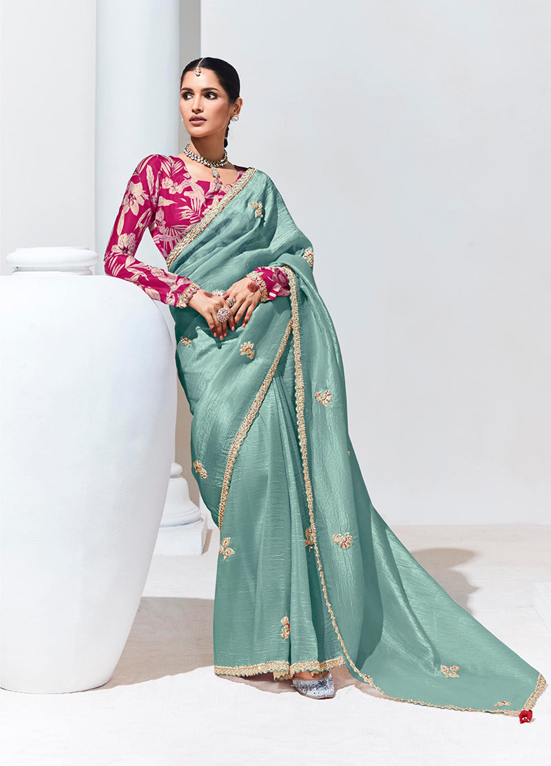 Monjolika Fashion Fancy Fabric Embroidered Aqua Blue Trendy Saree