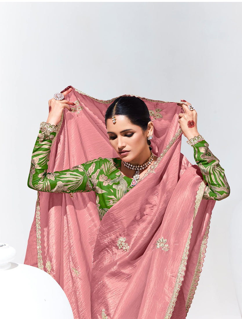 Monjolika Fashion Embroidered Pink and Rust Fancy Fabric Trendy Saree